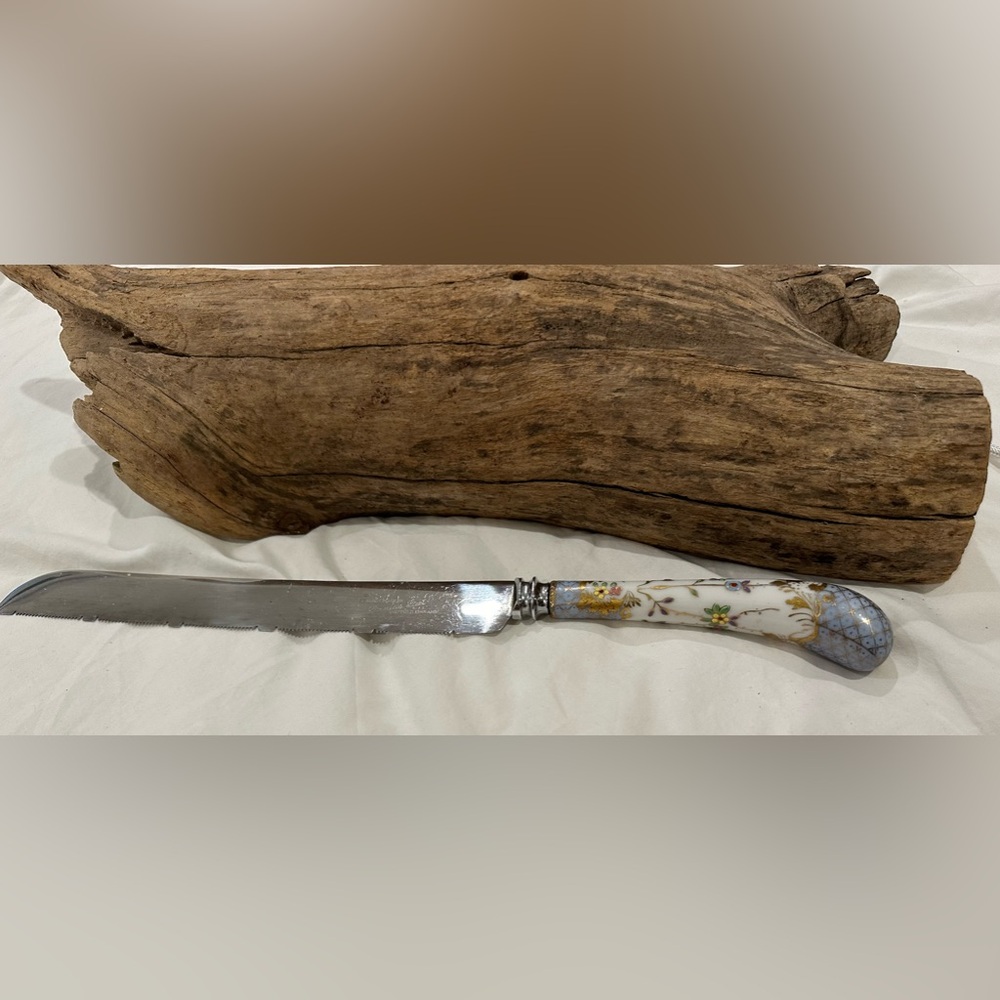 Vintage Sheffield England Hand Painted Porcelain Handle Bread Slicing Knife